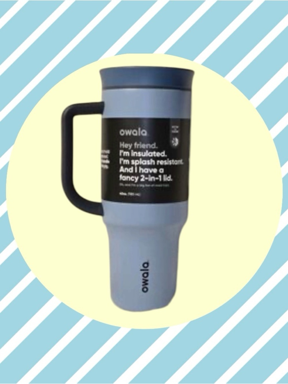 Owala Insulated Travel Mug in Light Blue with Black Handle. 40oz